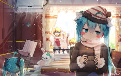 Rule 34 | 1boy, 3girls, :&gt;, @ @, ahoge, air conditioner, blonde hair, blush stickers, camisole, chair, chibi, coat, curtains, door, hat, hatsune miku, headset, highres, kagamine len, kagamine rin, long hair, midriff, multiple girls, open mouth, qys3, scarf, short shorts, shorts, striped clothes, striped headwear, stuffed animal, stuffed rabbit, stuffed toy, twintails, vocaloid, window