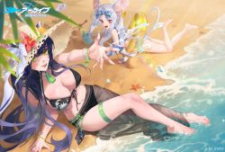 Rule 34 | 2girls, :d, absurdres, animal ears, bare legs, beach, bikini, black bikini, black hair, blue archive, breasts, cleavage, copyright name, ears through headwear, front-tie bikini top, front-tie top, green eyes, grey hair, hat, highres, innertube, jyuma, large breasts, long hair, looking at viewer, lying, mouse ears, mouse girl, mouse tail, multiple girls, navel, off shoulder, on stomach, open mouth, outstretched arm, reclining, red eyes, sarong, saya (blue archive), see-through, shun (blue archive), smile, stomach, straw hat, string bikini, swim ring, swimsuit, tail, tassel, thigh strap, very long hair, water, white bikini, white headwear