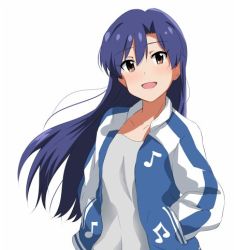 Rule 34 | 1girl, :d, bad id, bad twitter id, beamed quavers, blue hair, blue jacket, blush, brown eyes, collarbone, contemporary, dars (recolors), eyebrows, grey shirt, hair between eyes, hands in pocket, hands in pockets, idolmaster, idolmaster (classic), jacket, kisaragi chihaya, long hair, looking at viewer, lowres, musical note, musical note print, open clothes, open jacket, open mouth, quaver, shirt, simple background, smile, solo, tareme, white background