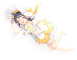 Rule 34 | 1girl, :d, ^ ^, barefoot, black hair, braid, closed eyes, collarbone, dress, closed eyes, flower, full body, hair ribbon, hat, legs, open mouth, original, ribbon, saban, simple background, smile, solo, white background