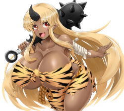 Rule 34 | 10s, 1girl, :d, animal print, armpits, bandages, blonde hair, breasts, cleavage, club, club (weapon), cowboy shot, dark-skinned female, dark skin, eyebrows, fang, gigantic breasts, holding, holding weapon, horns, huge breasts, leaning forward, long hair, looking at viewer, monster girl, monster musume no iru nichijou, ogre, open mouth, orange eyes, pointy ears, single horn, smile, solo, spiked club, thighs, tiger print, tionishia, tongue, very long hair, virusotaku, weapon, white background