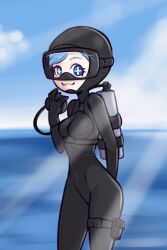 Rule 34 | 1girl, :3, black bodysuit, black gloves, blue eyes, blue hair, bodysuit, breasts, cloud, diving mask, diving suit, drantyno, gloves, goggles, highres, himouto! umaru-chan, holding, light rays, looking at viewer, medium breasts, ocean, oxygen mask, oxygen tank, sky, smile, standing, sunbeam, sunlight, symbol-shaped pupils, tachibana sylphynford, water, wetsuit
