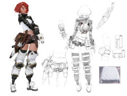 Rule 34 | 1girl, belt, belt pouch, breasts, brown eyes, gloves, highres, hunting era, knife, long sleeves, midriff, multiple views, padded armor, padded gloves, pouch, red hair, sangsoo jeong, sheath, short hair, short shorts, shorts, simple background, sketch, small breasts, standing, thighhighs, white background, white footwear, white gloves