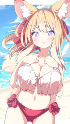 1girl :d animal_ear_fluff animal_ears bikini blonde_hair blue_eyes blue_sky blush breasts cleavage cloud collarbone commentary_request daidai_ookami day hair_ribbon hands_up highres horizon large_breasts long_hair looking_at_viewer mismatched_bikini multicolored_hair navel ocean open_mouth original red_bikini red_ribbon ribbon sky smile solo swimsuit tail two-tone_hair water white_bikini