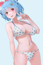 Rule 34 | 1girl, absurdres, alternate breast size, animal ears, bikini, breasts, carrot hair ornament, cleavage, food-themed hair ornament, hair ornament, highres, hololive, kntrs (knyrs), large breasts, looking at viewer, nail polish, navel, open mouth, polka dot, polka dot bikini, rabbit ears, rabbit girl, short hair, simple background, smile, solo, swimsuit, tongue, tongue out, usada pekora, v, virtual youtuber