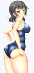 Rule 34 | 1girl, ass, bare shoulders, black hair, blush, breasts, huge ass, large breasts, looking at viewer, noeomi, one-piece swimsuit, open mouth, parted lips, red eyes, rita (sennen sensou aigis), sennen sensou aigis, shiny clothes, shiny skin, short hair, sideboob, solo, swimsuit