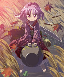 Rule 34 | 1girl, barefoot, blush stickers, bug, dragonfly, frog, grass, unworn headwear, highres, insect, japanese clothes, kimono, leaf, mallet, mini person, minigirl, needle, purple eyes, purple hair, smile, sukuna shinmyoumaru, syope, touhou, wide sleeves