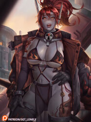 Rule 34 | 1girl, alien, armor, bikini, bikini armor, bikini under clothes, black gloves, black thighhighs, blue skin, blush, body freckles, breasts, cleavage, colored skin, commentary, contrapposto, detached sleeves, english commentary, fang, flame print, flame tattoo, freckles, gloves, grey lips, hand on own hip, headgear, high ponytail, highres, jacket, jacket on shoulders, katana, large breasts, leg tattoo, licking lips, linea alba, long hair, looking at viewer, naughty face, navel, no nose, orange eyes, paid reward available, pelvic curtain, print bikini, red hair, sgt lonely, sheath, sheathed, shoulder tattoo, skindentation, solid eyes, solo, standing, swimsuit, sword, t&#039;au, tattoo, teeth, thighhighs, thighs, tongue, tongue out, torchstar, underboob, upper teeth only, warhammer 40k, weapon, weapon behind back