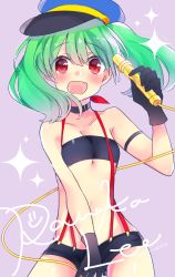 Rule 34 | 1girl, alternate costume, arm garter, bandeau, bare shoulders, blush, breasts, character name, choker, cleavage, cosplay, cowboy shot, fang, gloves, green hair, hand up, hat, highres, kawahara chisato, macross, macross frontier, microphone, midriff, navel, open mouth, ranka lee, red eyes, sheryl nome, sheryl nome (cosplay), short hair, short shorts, shorts, small breasts, smile, solo, stomach, suspender shorts, suspenders, underboob