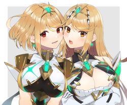 Rule 34 | 2girls, alternate hair color, bare shoulders, blonde hair, breasts, chest jewel, cleavage, cleavage cutout, clothing cutout, cosplay, elbow gloves, gloves, headpiece, highres, kinagi (3307377), large breasts, long hair, multiple girls, mythra (xenoblade), mythra (xenoblade) (cosplay), pyra (xenoblade), red eyes, short hair, swept bangs, tiara, very long hair, white gloves, xenoblade chronicles (series), xenoblade chronicles 2, yellow eyes