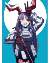 Rule 34 | ammunition pouch, animal ears, armor, corporalblake, cowboy shot, gloves, gun, highres, holding, holding gun, holding weapon, long hair, long sleeves, one eye closed, pouch, purple hair, rabbit ears, red eyes, red gloves, reisen udongein inaba, rifle, simple background, tactical clothes, touhou, v, weapon