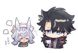 Rule 34 | 1boy, 1girl, ahoge, animal ears, black hair, blue eyes, chibi, closed eyes, closed mouth, coat, cup, earrings, fur-trimmed coat, fur trim, genshin impact, grey vest, holding, holding cup, jewelry, koma (km mmmk), necktie, no eyes, no mouth, red necktie, red ribbon, ribbon, sigewinne (genshin impact), translation request, upper body, v-shaped eyebrows, vest, white hair, white headwear, wriothesley (genshin impact)