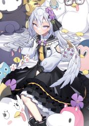 Rule 34 | 1girl, absurdres, azusa (blue archive), black dress, blue archive, cat, doll, dress, food, glasses, grey hair, highres, ice cream, jacket, large wings, long hair, looking at viewer, lying, necktie, peroro (blue archive), purple eyes, school uniform, solo, tongue, tongue out, twitter, tyobis., white jacket, yellow necktie