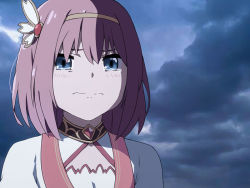Rule 34 | 1girl, blush, closed mouth, cloud, cloudy sky, derivative work, dress, eyebrows hidden by hair, hair between eyes, hair ornament, langbazi, outdoors, pink hair, princess connect!, sky, solo, tears, upper body, wavy mouth, white dress, yui (princess connect!)