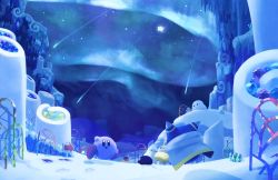 Rule 34 | bandana waddle dee, chilly (kirby), cliff, commentary request, gooey (kirby), highres, kirby, kirby: star allies, kirby (series), magolor, night, night sky, nintendo, no humans, planet, pop star, rayman limbs, scenery, shooting star, sign, sky, snow, snowman, star (sky), starry sky, suyasuyabi427
