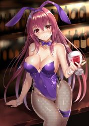 Rule 34 | 1girl, alcohol, animal ears, bar (place), bare shoulders, blush, bottle, breasts, cleavage, cup, detached collar, drinking glass, fake animal ears, fate/grand order, fate (series), fishnet pantyhose, fishnets, glass, harimoji, large breasts, leotard, long hair, looking at viewer, official alternate costume, pantyhose, parted lips, playboy bunny, purple hair, rabbit ears, red eyes, scathach (fate), scathach (piercing bunny) (fate), shiny clothes, shiny skin, sitting, smile, solo, thighs, wine, wine glass, wrist cuffs