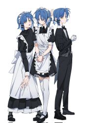 Rule 34 | 1girl, alternate costume, apron, blue hair, bocchi the rock!, butler, female butler, formal, gloves, hair ornament, highres, long sleeves, looking at viewer, maid, maid apron, maid headdress, mole, mole under eye, molu stranger, multiple views, official alternate costume, pants, short hair, suit, thighhighs, white apron, white gloves, white thighhighs, yamada ryo, yellow eyes