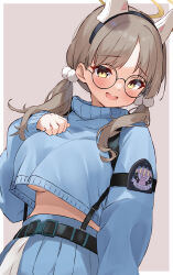 Rule 34 | 1girl, animal ears, armband, black armband, blue archive, blue skirt, blue sweater, blush, border, breasts, brown hair, chest harness, commentary, cropped sweater, fake animal ears, glasses, grey background, hair ornament, halo, hand on breasts, harness, highres, large breasts, long sleeves, looking at viewer, low twintails, midriff, moe (blue archive), open mouth, outside border, parted bangs, pleated skirt, pom pom (clothes), pom pom hair ornament, rabbit ears, round eyewear, sakura rii, simple background, skirt, smile, solo, sweater, twintails, underboob, upper body, white border, yellow eyes, yellow halo