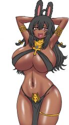 Rule 34 | 1girl, absurdres, ahoge, alternate breast size, alternate hair color, animal ears, ankh, armpits, arms behind head, bikini, black bikini, black hair, bow, braid, breasts, deculture, dimples of venus, egyptian clothes, hair between eyes, hair bow, highres, huge breasts, jewelry, navel, non-web source, open mouth, pelvic curtain, phase connect, pipkin pippa, rabbit ears, smirk, swimsuit, tan, twin braids, usekh collar, virtual youtuber, white background, wide hips