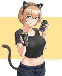 Rule 34 | 1girl, absurdres, animal ears, artist name, black hairband, black pants, black shirt, blonde hair, blush, borrowed character, breasts, brown eyes, can, cat ears, cat tail, closed mouth, coffee, collarbone, commentary request, drink, fake animal ears, hairband, highres, holding, holding can, holding drink, kzm (sub-moa works), large breasts, looking at viewer, midriff, navel, original, pants, shirt, short hair, short sleeves, simple background, smile, solo, tail, twitter username, two-tone background, watermark, white background, yellow background
