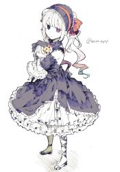 Rule 34 | 1girl, bad id, bad twitter id, blue dress, blue eyes, blue gloves, blunt bangs, bonnet, closed mouth, commentary request, copyright request, doll, dress, drill hair, frills, full body, gloves, gothic lolita, heterochromia, high heels, holding, ikeuchi tanuma, lock, lolita fashion, long hair, looking at viewer, pink eyes, simple background, solo, standing, twin drills, twitter username, white background