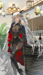 Rule 34 | 1girl, absurdly long hair, aegir (azur lane), asymmetrical footwear, azur lane, bare shoulders, black cape, black footwear, black gloves, bodystocking, boots, bottle, breast curtains, breasts, cape, cross, cross-laced clothes, demon horns, elbow gloves, gloves, hair between eyes, high heels, highres, horns, indoors, iron cross, kitchen, knee boots, lamp, large breasts, long hair, looking at viewer, multicolored hair, plant, potted plant, red hair, single knee boot, solo, streaked hair, two-tone hair, underbust, uneven footwear, very long hair, white hair, wine bottle, yellow eyes, zel (o q)