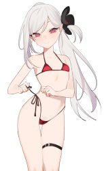Rule 34 | 1girl, beijuu, bikini, blue archive, breasts, closed mouth, cowboy shot, female pubic hair, flower, garter straps, grey hair, hair ornament, long hair, looking at viewer, mutsuki (blue archive), pubic hair, red bikini, red eyes, side-tie bikini bottom, simple background, small breasts, smile, solo, swimsuit, thigh strap, white background
