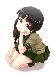 Rule 34 | 10s, 1girl, black hair, braid, from above, hair over shoulder, hand on own cheek, hand on own face, hyuuga azuri, kantai collection, kitakami (kancolle), kneehighs, looking at viewer, personification, purple eyes, school uniform, serafuku, single braid, socks, solo, squatting