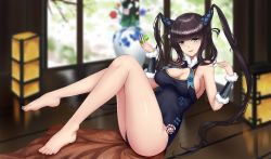 Rule 34 | bare shoulders, barefoot, black dress, blue fire, blunt bangs, center opening, china dress, chinese clothes, detached sleeves, double bun, dress, fate/grand order, fate (series), feet, fire, hair bun, hair ornament, highres, leaf hair ornament, long hair, purple hair, sidelocks, solo, thighs, twintails, very long hair, yang guifei (fate), yang guifei (second ascension) (fate), zcheng weibing