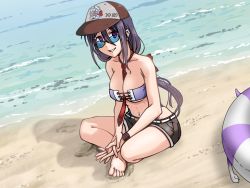 Rule 34 | 1girl, abyssal ship, ariake (kancolle), barefoot, baseball cap, beach, between breasts, bikini, black hair, blue-tinted eyewear, blue-tinted glasses, breasts, brown hat, brown shorts, commentary request, dutch angle, enemy lifebuoy (kancolle), hat, highleg, highleg bikini, highleg swimsuit, indian style, innertube, kantai collection, large breasts, long hair, looking at viewer, looking over eyewear, looking over glasses, necktie, parted lips, purple bikini, purple eyes, red necktie, short shorts, shorts, sir ichirou, sitting, solo, sunglasses, swim ring, swimsuit, tinted eyewear, wristband