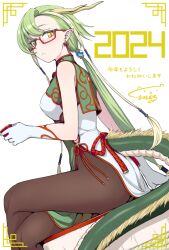 Rule 34 | 1girl, 2024, breasts, china dress, chinese clothes, chinese zodiac, closed mouth, commentary, crossed legs, cup, dragon girl, dragon horns, dragon tail, dress, earrings, glasses, gloves, green hair, holding, holding cup, horns, jewelry, kumadano, long hair, looking at viewer, medium breasts, new year, original, pantyhose, pointy ears, red-framed eyewear, side slit, simple background, sitting, sleeveless, sleeveless dress, solo, symbol-only commentary, tail, very long hair, white background, white gloves, year of the dragon, yellow eyes