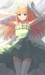 Rule 34 | 1girl, absurdres, alternate costume, animal ears, armpits, arms up, bed, chisaku, closed mouth, commentary, dress, ear covers, ear ornament, elbow gloves, gloves, green dress, green eyes, hairband, highres, hime cut, horse ears, horse girl, long hair, lying, on back, on bed, panties, see-through, see-through dress, silence suzuka (umamusume), smile, solo, thighhighs, umamusume, underwear, white gloves, white hairband, white thighhighs