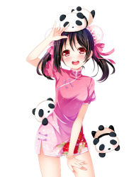 Rule 34 | 10s, 1girl, arm up, blush, china dress, chinese clothes, cowboy shot, double bun, dress, female focus, floral print, grandia bing, hair bun, love live!, love live! school idol project, open mouth, panda, short dress, short sleeves, simple background, smile, solo, third-party source, twitter username, white background, yazawa nico