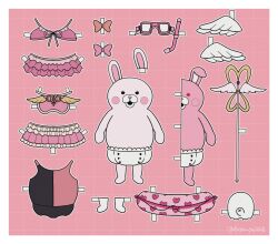 Rule 34 | animal ears, bikini, blush stickers, border, bow, brown bow, danganronpa (series), danganronpa 2: goodbye despair, diaper, fuyu ko, highres, innertube, layered skirt, looking at viewer, miniskirt, monomi (danganronpa), navel, no humans, open mouth, pink background, pink bikini, pink bow, pleated skirt, rabbit ears, skirt, staff, swim ring, swimsuit, usami (danganronpa), white border, wings