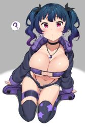 Rule 34 | 10s, 1girl, ?, alternate breast size, alternate hairstyle, breasts, cleavage, earrings, huge breasts, jewelry, looking at viewer, love live!, love live! sunshine!!, navel, necklace, open clothes, solo, tagme, tem10, thighhighs, tsushima yoshiko, twintails
