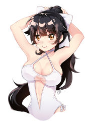 Rule 34 | 1girl, adjusting hair, armpits, arms behind head, arms up, azur lane, bare arms, bare shoulders, blunt bangs, blush, bow, breasts, brown hair, castle, cleavage, closed mouth, criss-cross halter, hair bow, halterneck, highres, large breasts, lips, long hair, looking at viewer, one-piece swimsuit, orange eyes, ponytail, ribbon, sasha chii, see-through, signature, simple background, smile, solo, swimsuit, takao (azur lane), takao (beach rhapsody) (azur lane), upper body, very long hair, white background, white one-piece swimsuit, white ribbon