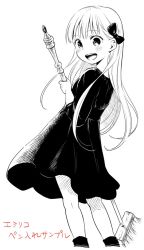 Rule 34 | 1girl, black dress, blunt bangs, blush, bow, broom, dress, emilico (shadows house), hair bow, holding, holding broom, long hair, looking at viewer, monochrome, open mouth, shadows house, simple background, smile, solo, soumatou (mayoibashi), standing, white background