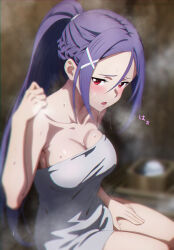Rule 34 | 1girl, absurdres, bare arms, bare legs, bare shoulders, bath, breasts, covering privates, hair ornament, hairclip, high ponytail, highres, long hair, looking at viewer, mito (sao), naked towel, no bra, nude cover, nuguri444, ponytail, purple hair, red eyes, sauna, steam, sweat, sweatdrop, sword art online, sword art online progressive, towel, wet, wet hair, wet towel, white towel