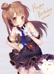Rule 34 | 10s, bare shoulders, blush, bow, brown hair, collar, dress, gloves, hair bow, hand on own hip, happy birthday, idol, love live!, love live! school idol festival, love live! school idol project, minami kotori, minami kotori (bird), mofukoke, necktie, one side up, open mouth, plaid, plaid skirt, pleated skirt, pointing, pointing up, scolding, side ponytail, skirt, tassel, yellow eyes