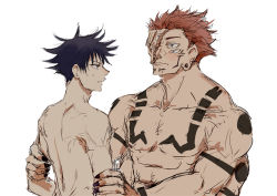 Rule 34 | 2boys, abs, arm grab, arm tattoo, back, black hair, black nails, blue eyes, blush, chest tattoo, closed mouth, commentary request, extra arms, extra eyes, facial tattoo, fushiguro megumi, hair between eyes, height difference, jujutsu kaisen, looking at another, male focus, multiple boys, muscular, muscular male, nail polish, nori20170709, nude, pectorals, pink hair, ryoumen sukuna (jujutsu kaisen), ryoumen sukuna (true form) (jujutsu kaisen), short hair, shoulder tattoo, simple background, size difference, sketch, spiked hair, sweatdrop, tattoo, white background, yaoi