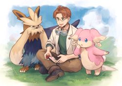 Rule 34 | 1boy, absurdres, ahoge, audino, black footwear, boots, brown hair, brown pants, commentary request, creatures (company), facial hair, game freak, gen 5 pokemon, glasses, goggles, goggles around neck, grass, green eyes, green shirt, highres, holding, lab coat, male focus, mirror (pokemon), new pokemon snap, nintendo, oomura saki, open mouth, pants, parted bangs, pokemon, pokemon (creature), semi-rimless eyewear, shirt, short hair, sitting, smile, stoutland, tongue