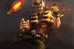 Rule 34 | 1boy, bad id, bad twitter id, belt, blonde hair, bomb, canteen, explosive, eyebrows, fingerless gloves, fire, glitter, gloves, junkrat (overwatch), male focus, mechanical arms, muscular, open mouth, overwatch, overwatch 1, pants, single mechanical arm, smile, solo, thick eyebrows, tire, topless male, weapon