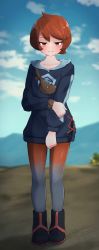 Rule 34 | 1girl, absurdres, arezu (pokemon), black footwear, blush, boots, brown bag, brown hair, closed mouth, cloud, collarbone, commentary request, cowlick, creatures (company), day, full body, game freak, gradient legwear, grey jacket, grey pantyhose, highres, jacket, long sleeves, looking at viewer, nintendo, orange eyes, outdoors, pantyhose, pokemon, pokemon legends: arceus, raised eyebrows, refuson man, short hair, shy, sky, solo, split mouth, standing