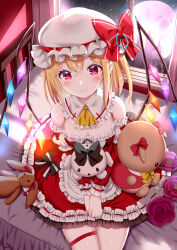 Rule 34 | 1girl, adapted costume, bed, bed sheet, blonde hair, blush, breasts, cleavage, closed mouth, crystal, dress, flandre scarlet, frilled dress, frills, full body, givuchoko, hair between eyes, hat, indoors, long hair, looking at viewer, medium breasts, mob cap, off-shoulder dress, off shoulder, one side up, red dress, red eyes, short sleeves, sitting, smile, solo, stuffed animal, stuffed rabbit, stuffed toy, thigh strap, touhou, white hat, window, wings