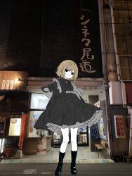 Rule 34 | 1girl, black dress, black eyes, black footwear, black socks, blonde hair, closed mouth, commentary request, dot mouth, dress, empty eyes, expressionless, frilled dress, frills, full body, highres, kneehighs, long sleeves, looking at viewer, mochu (aoishikabane), night, original, outdoors, photo background, shoes, short hair, socks, solo, standing