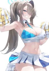 Rule 34 | 1girl, armpits, asuna (blue archive), bare arms, bare shoulders, blue archive, blue eyes, blush, breasts, cheerleader, cleavage, detached collar, grey hair, grin, halo, holding, holding pom poms, large breasts, long hair, looking at viewer, miniskirt, mole, mole on breast, parted lips, pom pom (cheerleading), pom poms, ponytail, preview (preview0), skirt, smile, solo, teeth, two-tone skirt, white background, white footwear