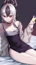 Rule 34 | 1girl, absurdres, black dress, black hair, black horns, blue archive, blush, breasts, closed mouth, collarbone, cowboy shot, cup, demon horns, dress, ear piercing, earrings, grey hair, grey halo, grey jacket, hair between eyes, halo, hatori you, highres, holding, holding cup, horns, jacket, jewelry, kayoko (blue archive), kayoko (dress) (blue archive), long hair, long sleeves, looking at viewer, medium breasts, multicolored hair, official alternate costume, open clothes, open jacket, piercing, red eyes, sitting, smile, solo