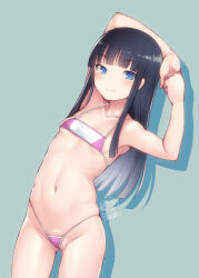 Rule 34 | 1girl, bikini, black hair, blue background, blue eyes, blunt bangs, bosshi, breasts, cowboy shot, gradient background, gradient hair, highres, leaning forward, leaning to the side, looking at viewer, micro bikini, multicolored hair, navel, original, pink bikini, small breasts, solo, stretching, swimsuit, white hair