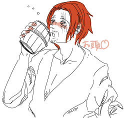 Rule 34 | 1boy, alcohol, beer, cup, drink, lillil (1212neko), lowres, male focus, mug, one piece, red hair, scar, shanks (one piece), solo, spot color