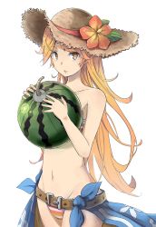 Rule 34 | 10s, 1girl, am, bad id, bad pixiv id, belt, bikini, bomb, breasts, brown eyes, collarbone, explosive, flower, food, fruit, granblue fantasy, hat, hat flower, holding, holding food, holding fruit, long hair, looking at viewer, mary (granblue fantasy), navel, off shoulder, orange hair, parted lips, sarong, small breasts, solo, straw hat, striped bikini, striped clothes, swimsuit, watermelon